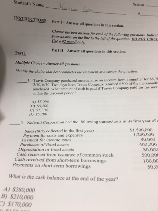  Student's Name: Section INSTRUCTIONS: Part 1-Answer all questions in this section.