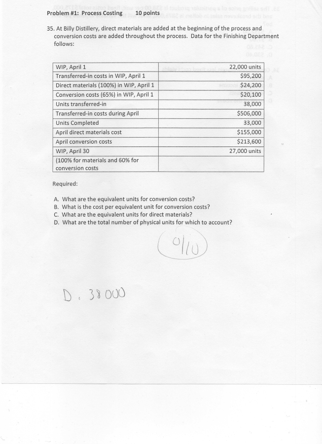  Problem #1: Process Costing 10 points 35. At Billy Distillery, direct