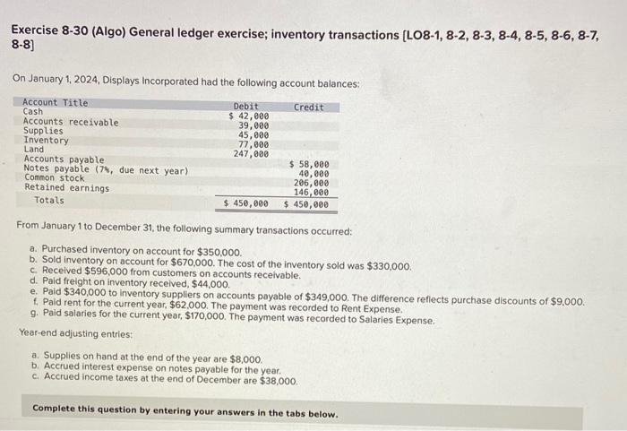  Exercise 8-30 (Algo) General ledger exercise; inventory transactions [ LO8-1, 8-2,