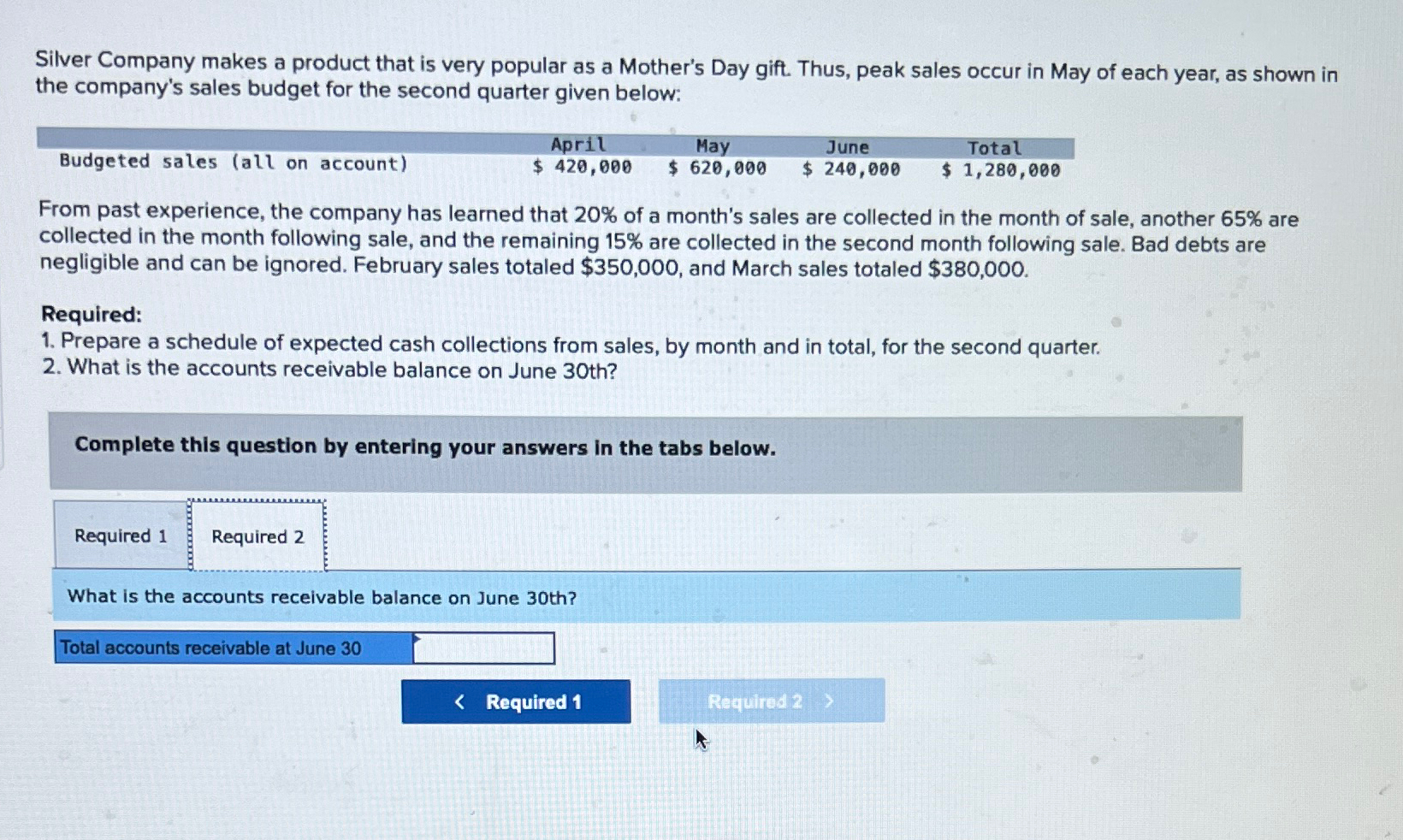  Exercise 8-1(Algo) Schedule of Expected Cash Collections [LO8-2] Silver Company makes