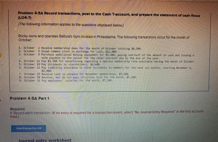  part 1 all nine Problem 4-5A Record transactions, post to the