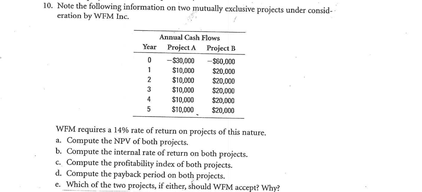 10. Note the following information on two mutually exclusive projects under