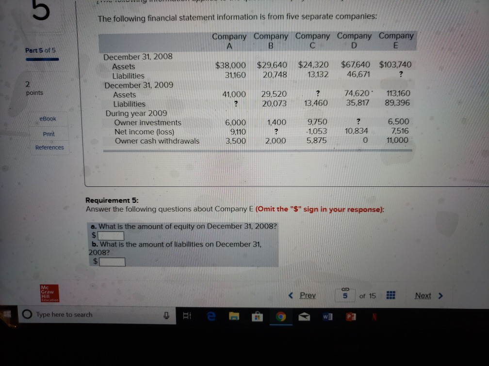  5 The following financial statement information is from five separate companies: