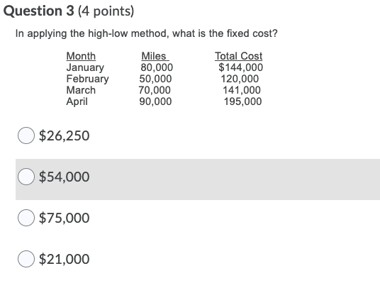  Question 3 (4 points) In applying the high-low method, what is
