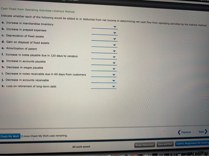  Cash Flows from Operating Activities-Indirect Method Indicate whether each of the