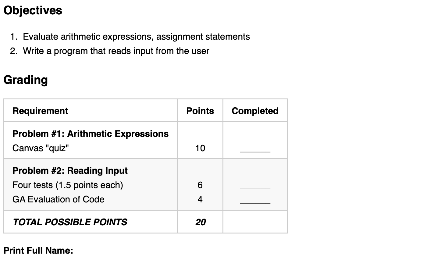  Objectives 1. Evaluate arithmetic expressions, assignment statements 2. Write a program
