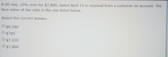  A 60-day, 10% note for $7,800, dated April 15 is received