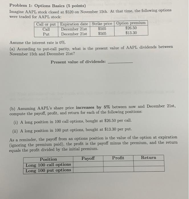  Problem 1: Options Basics (5 points) Imagine AAPL stock closed at
