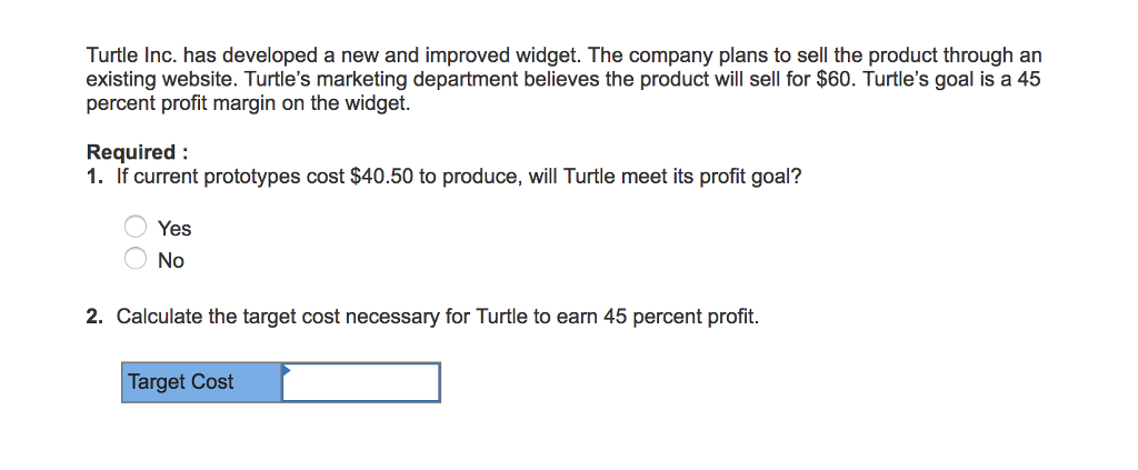  Turtle Inc. has developed a new and improved widget. The company