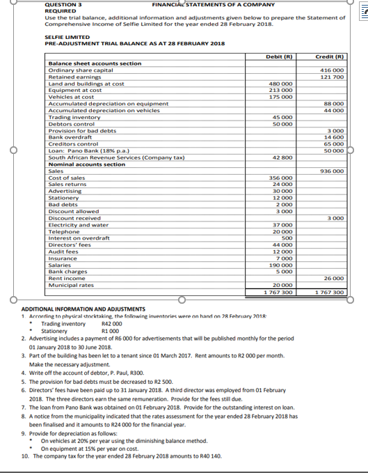 QUESTION 3 REQUIRED Use the trial balance, additional information and adjustments