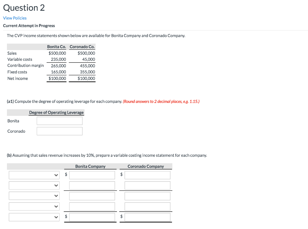  Question 2 View Policies Current Attempt in Progress The CVP income