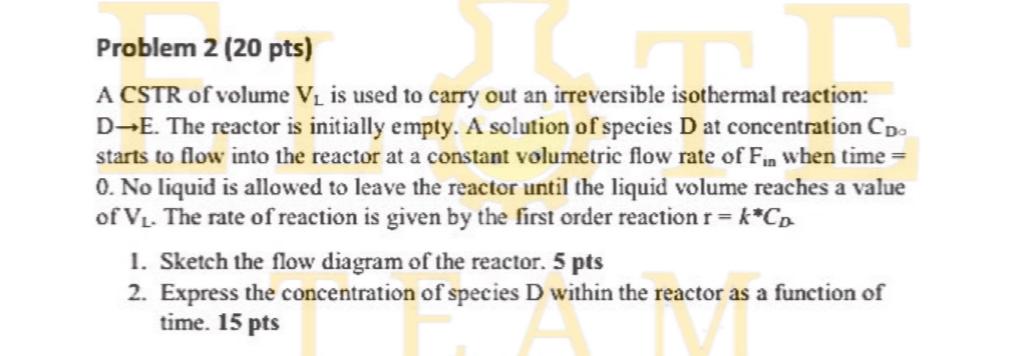  Problem 2(20 pts) A CSTR of volume VL is used to