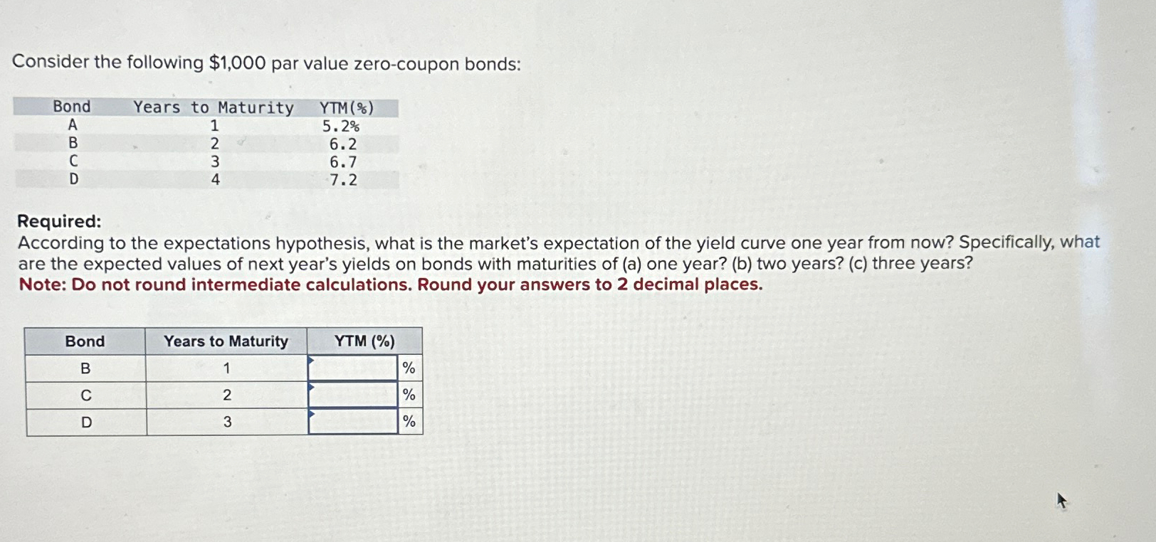  Consider the following $1,000 par value zero-coupon bonds: \table[[Bond,Years to Maturity,YTM