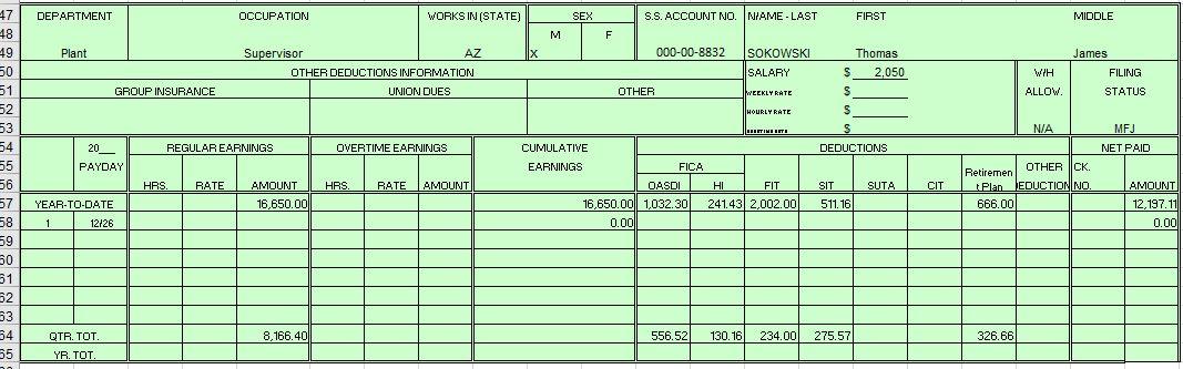 Prepare an accural to record payroll for the December 26th period. Earnings