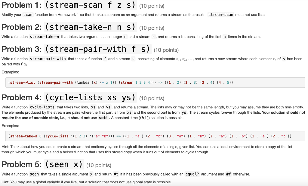 The code is written in Scheme. Need help with all the stream