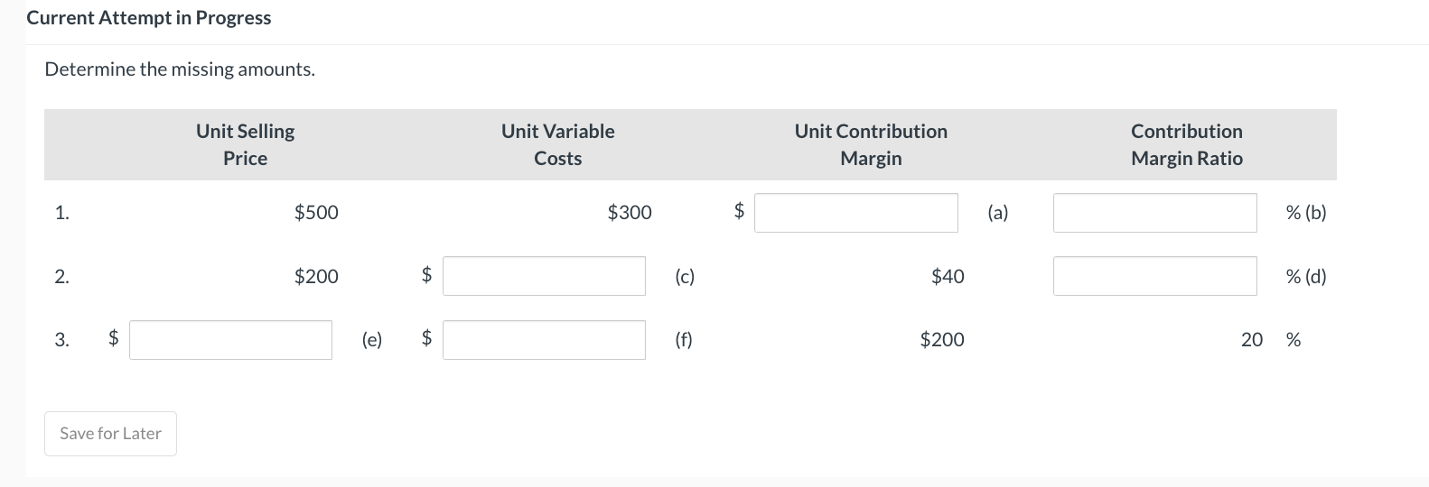  Current Attempt in Progress Determine the missing amounts