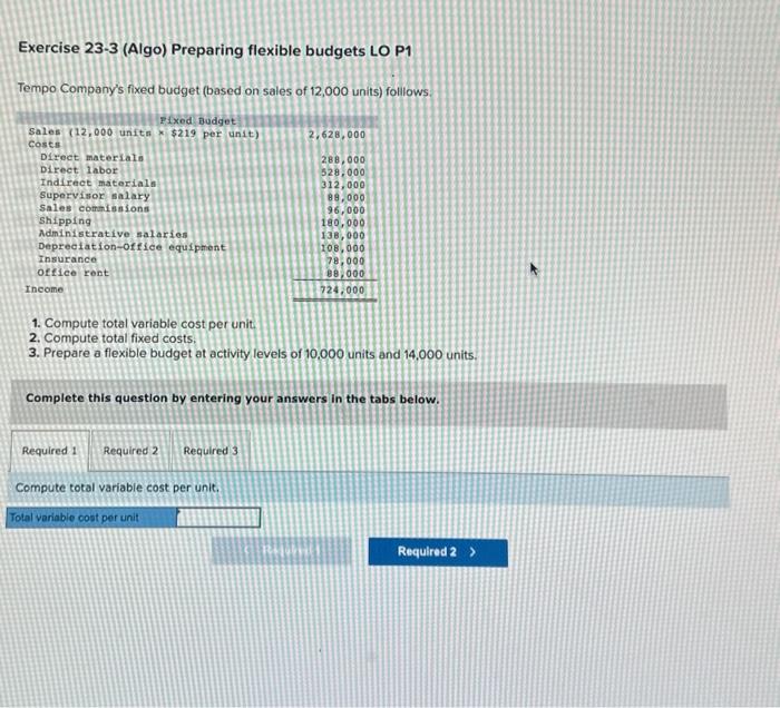 1. Exercise 23-3 (Algo) Preparing flexible budgets LO P1 Tempo Company's fixed