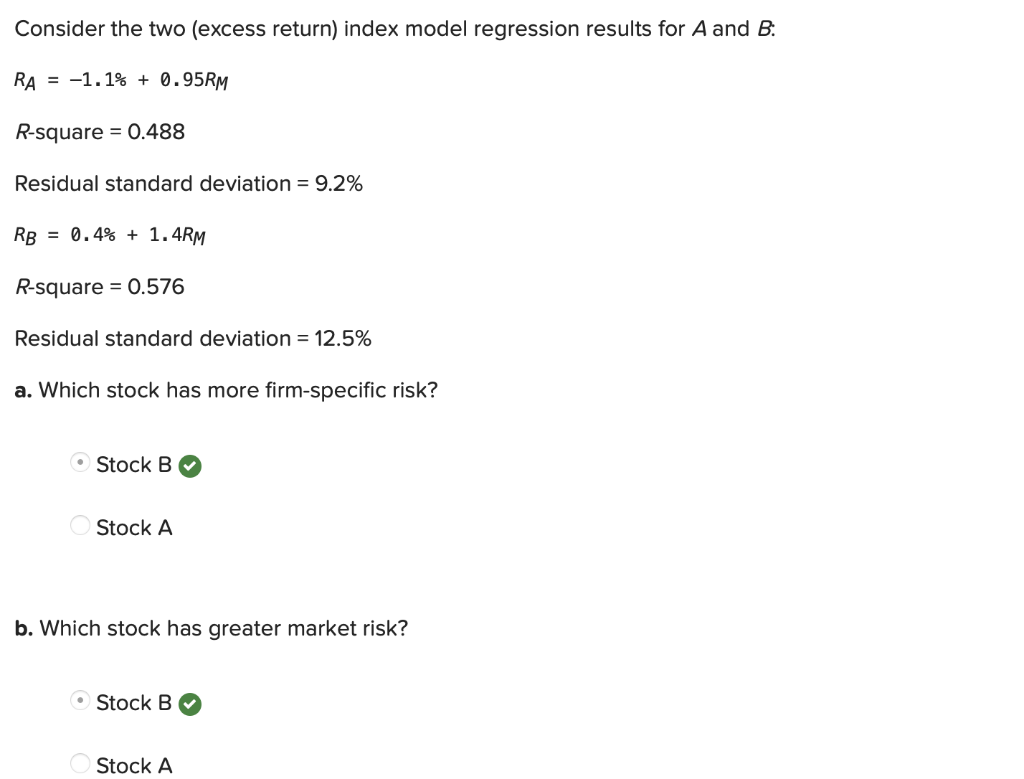 index model for stocks A and B is estimated from excess returns