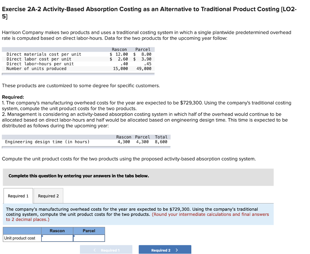 help please!!! Exercise 2A-2 Activity-Based Absorption Costing as an Alternative to Traditional