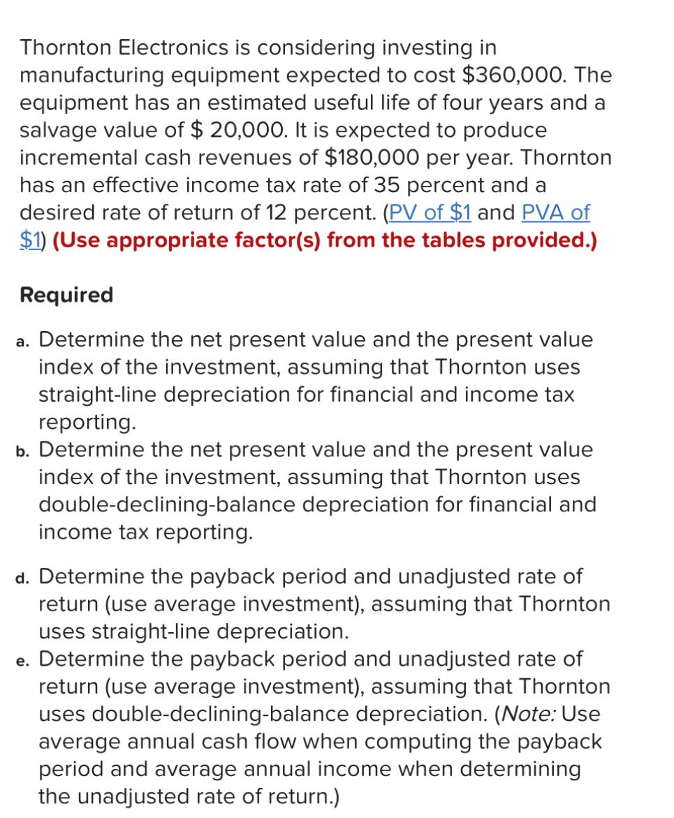 i stated my answers were wrong Thornton Electronics is considering investing in