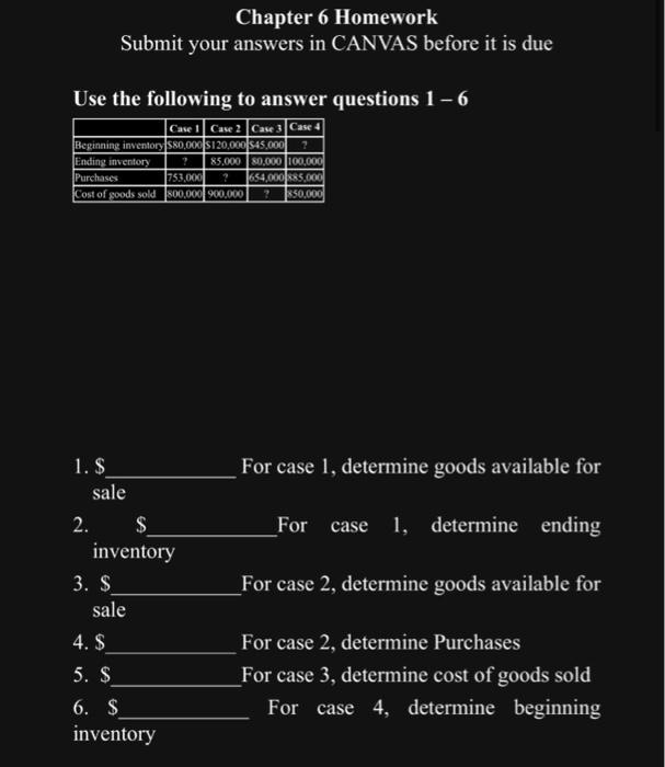  Chapter 6 Homework Submit your answers in CANVAS before it is