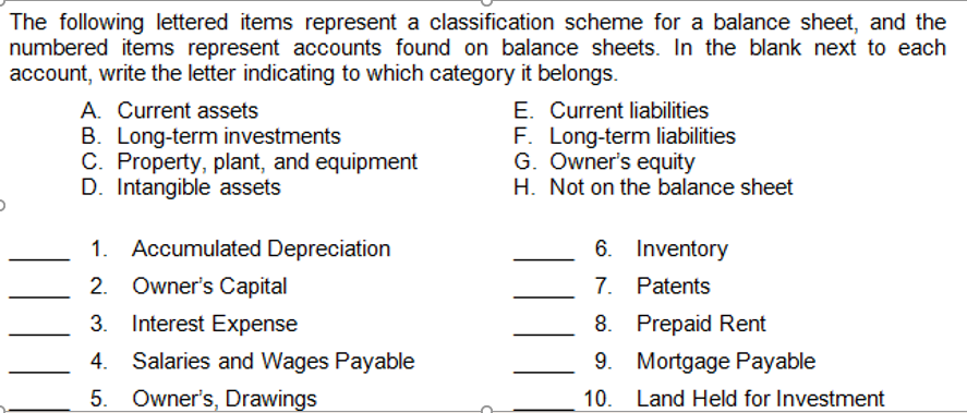 The following lettered items represent a classification scheme for a balance