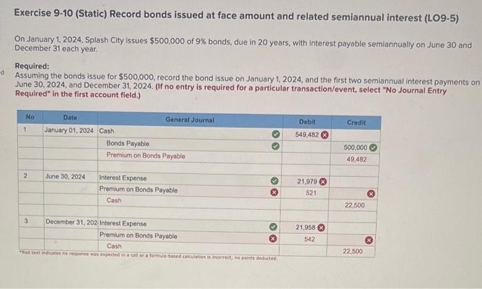  Exercise 9-10 (Static) Record bonds issued at face amount and related