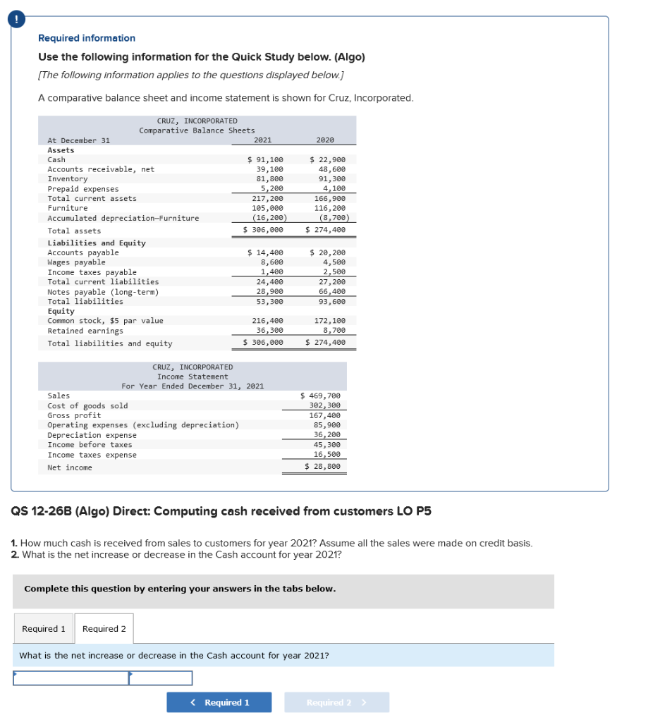 Incorporated. QS 12-26B (Algo) Direct: Computing cash received from customers LO P5