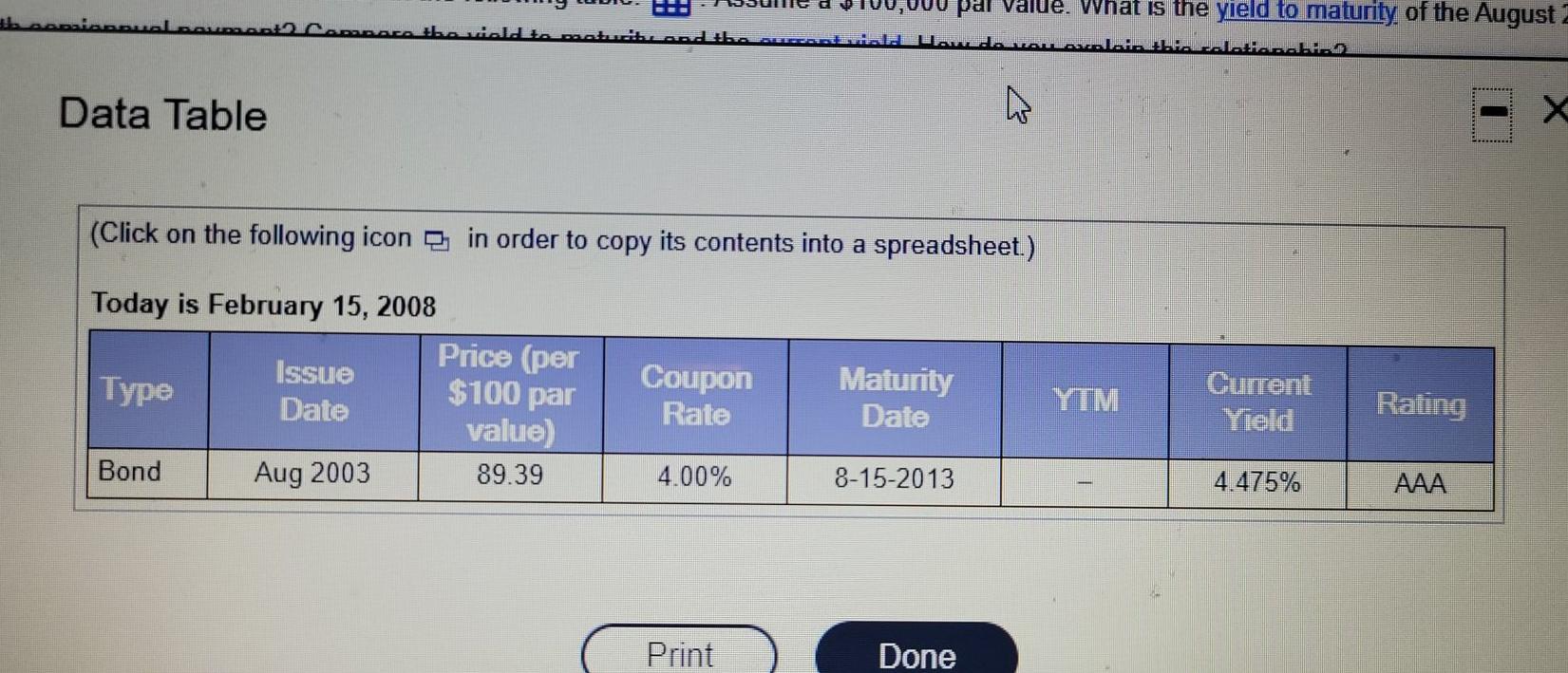 following table: ! Assume a $100,000 par value. What is the yield