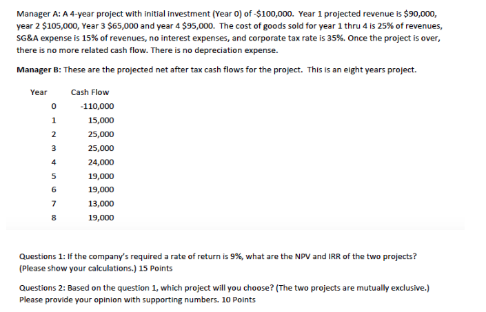  Manager A: A 4-year project with initial investment (Year O) of