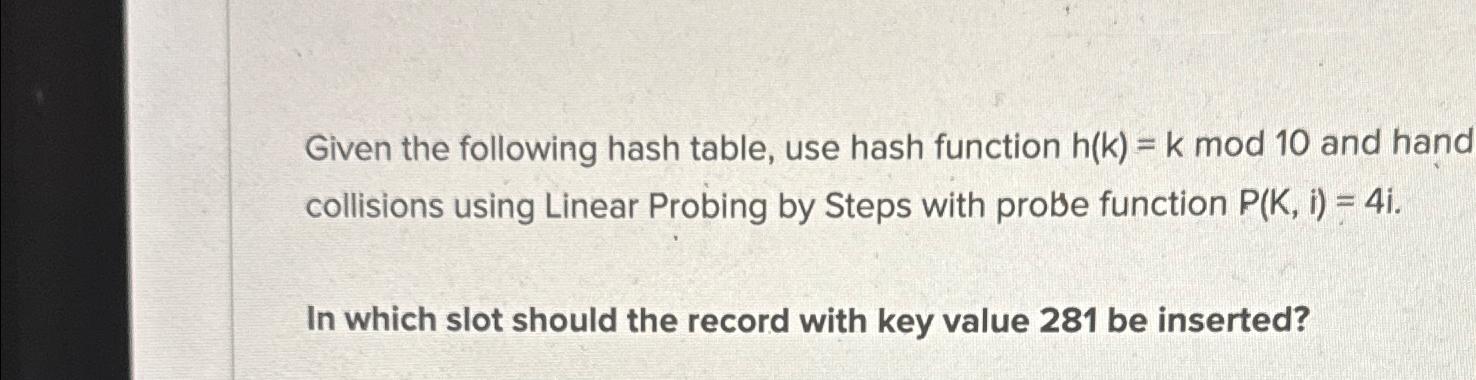  Given the following hash table, use hash function h(k)=k mod 10