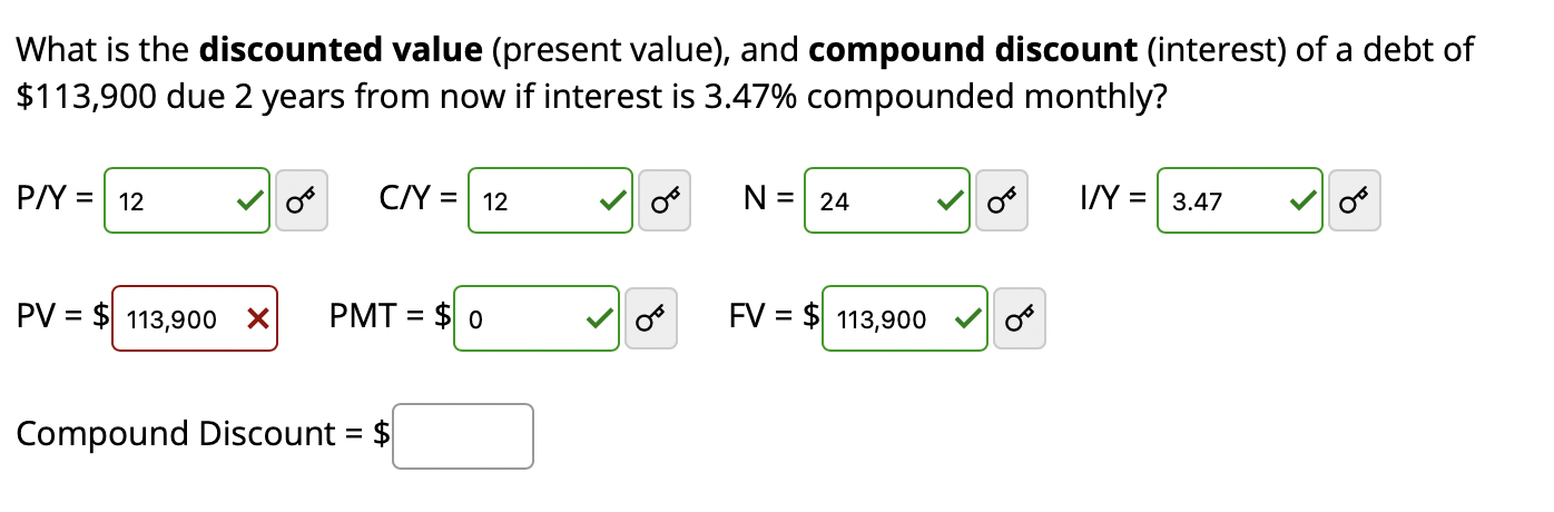  What is the discounted value (present value), and compound discount (interest)