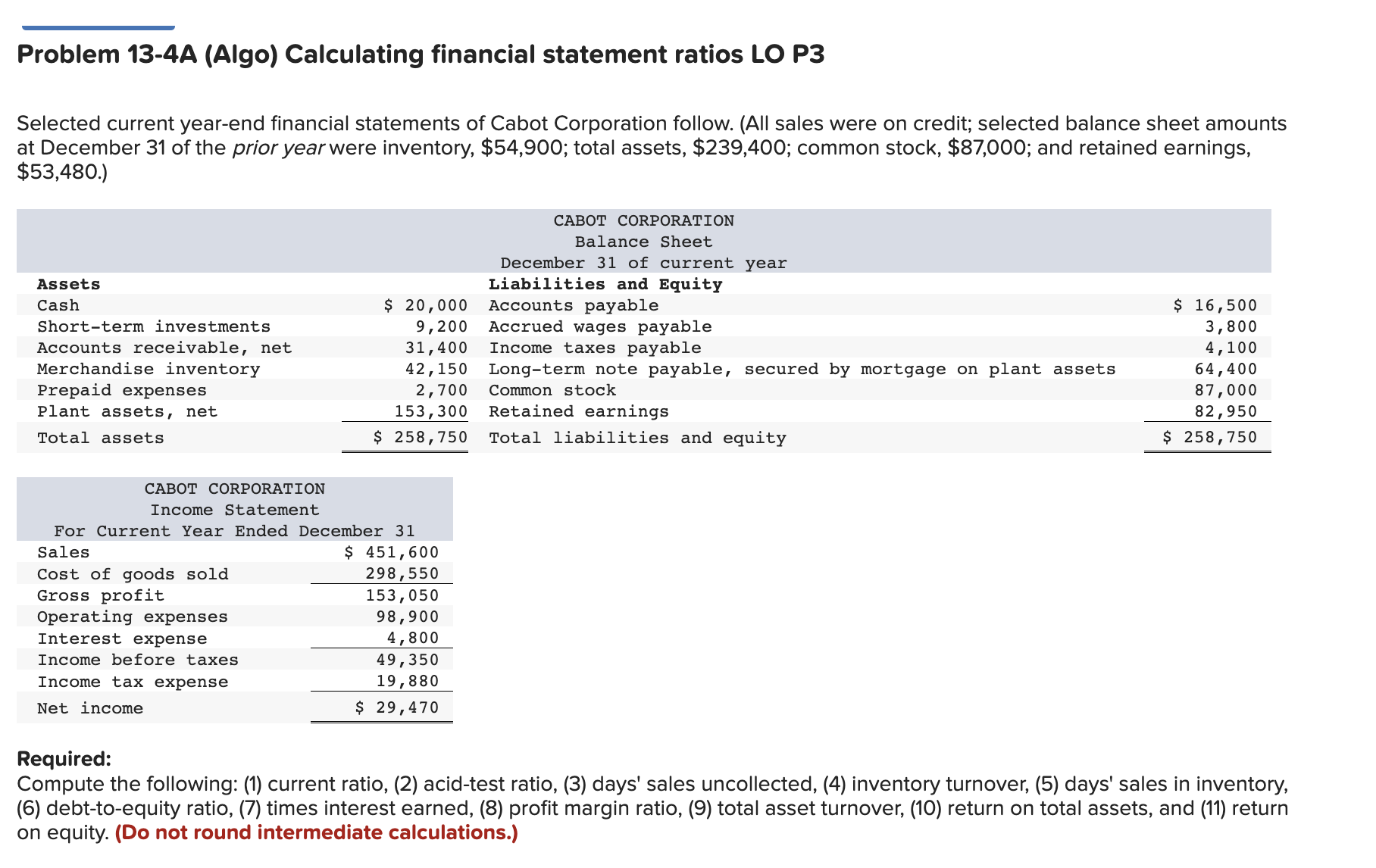  Problem 13-4A (Algo) Calculating financial statement ratios LO P3 Selected current