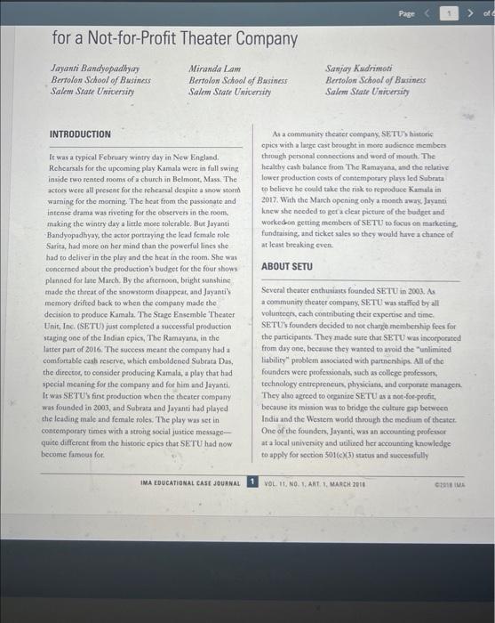 Answer questions 3 & 4. Extra Question. for a Not-for-Profit Theater Company