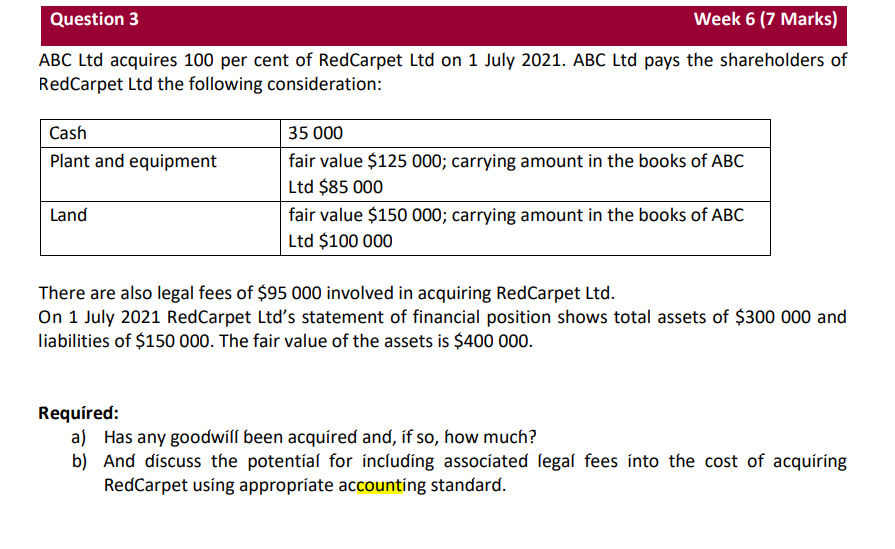Question 3 Week 6 (7 Marks) ABC Ltd acquires 100 per