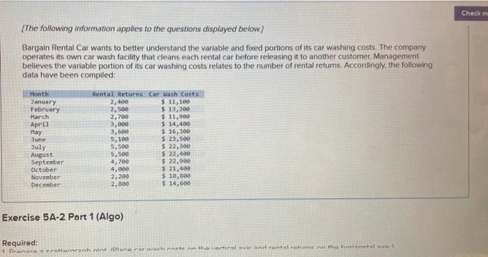  Required: 1. Prepare a scattergraph plot. (Place car wash costs on