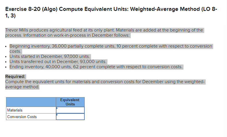 Exercise 8-20 (Algo) Compute Equivalent Units: Weighted-Average Method (LO 81,3) Trevor