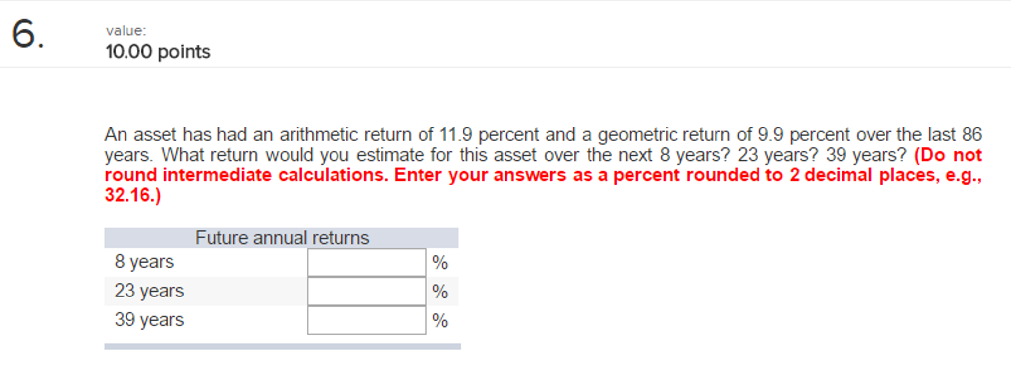Calculating future annual returns An asset has had an arithmetic return of