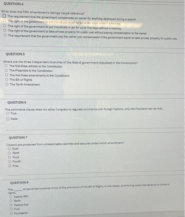  What does the Fifth Amendment's takings clause reference? The requirement that