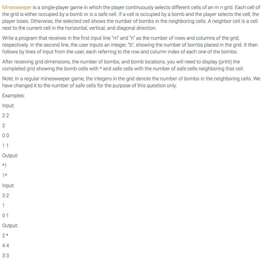 in python 3 please show the output of the example cases Minesweeper