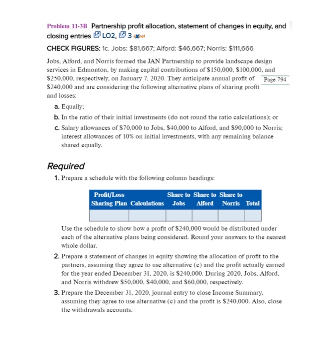  Problem 11-3B Partnership profit allocation, statement of changes in equity, and