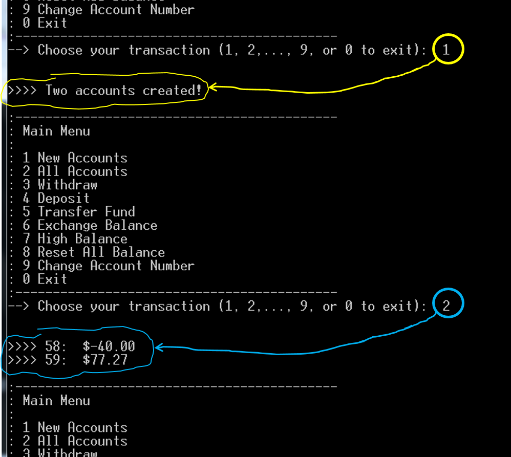 can create two accounts whose account number and initial balance are randomly