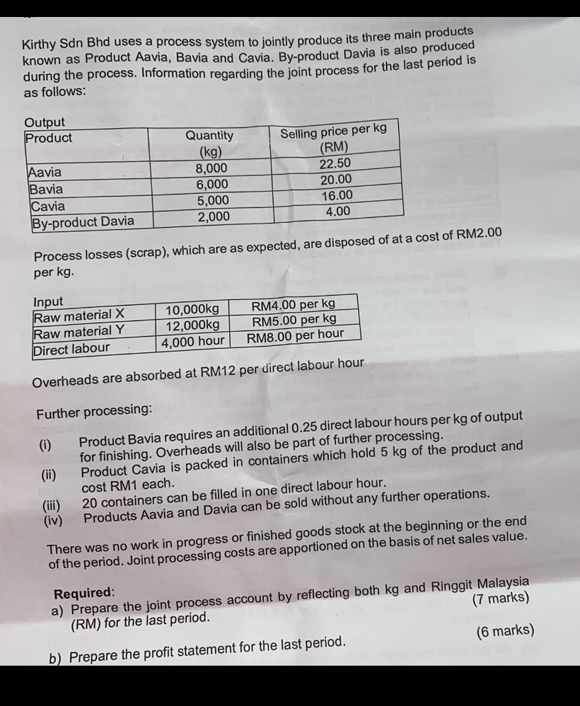 Kirthy Sdn Bhd uses a process system to jointly produce its