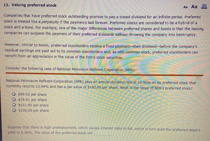  12. Valuing preferred stock Aa Aa E fa Companies that have