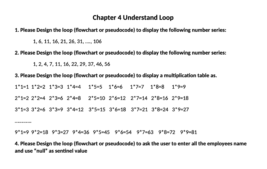 1. Please Design the loop (flowchart or pseudocode) to display the