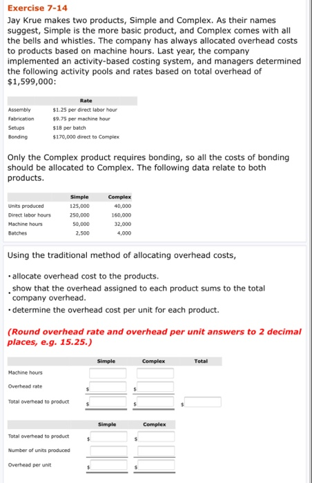  Exercise 7-14 Jay Krue makes two products, Simple and Complex. As