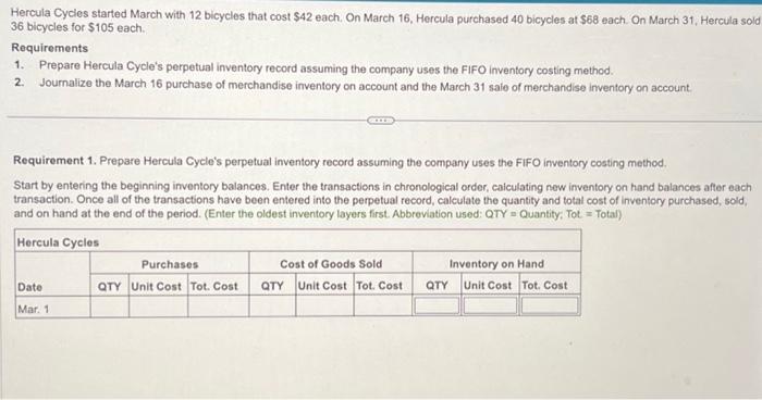 Cycles started March with 25 bicycles that cost $65 each. On March