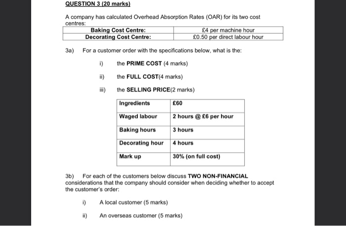  QUESTION 3 (20 marks) A company has calculated Overhead Absorption Rates