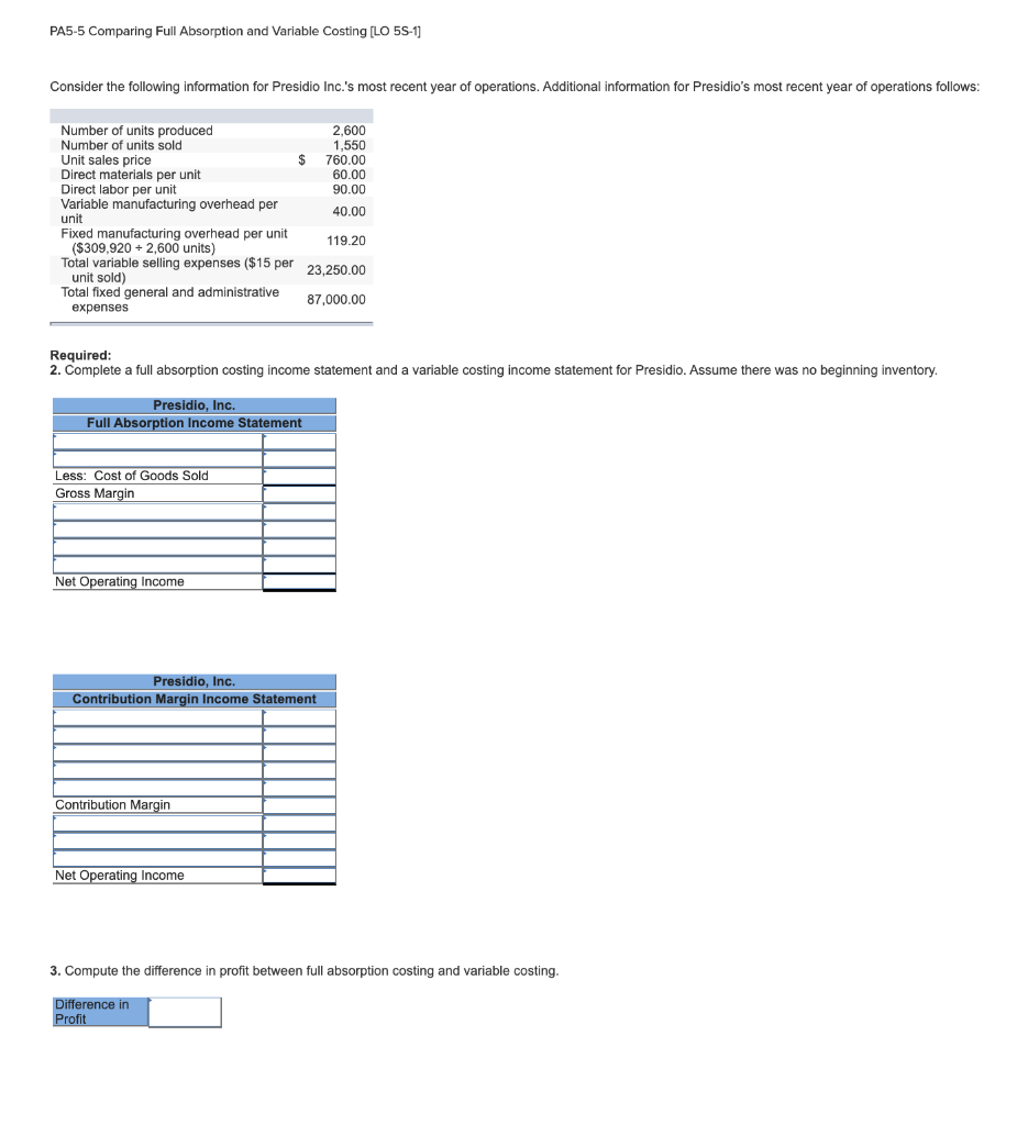  PA5-5 Comparing Full Absorption and Variable Costing [LO 5S-1] Consider the