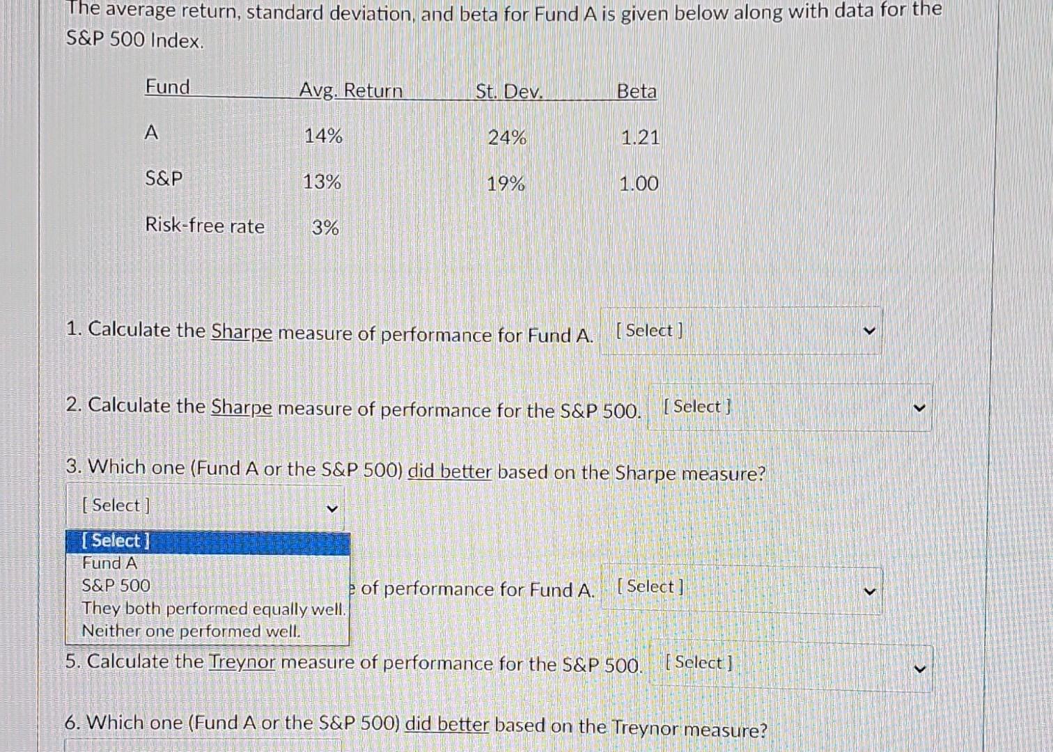 of performance for Fund A. 2. Calculate the Sharpe measure of performance